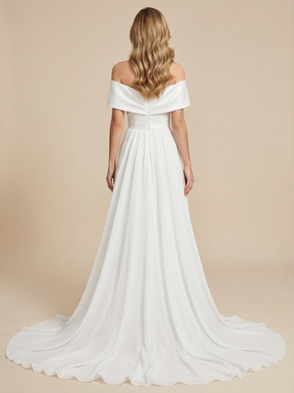 Off Shoulder A-Line Satin Ruched Maxi Long Bridal Gowns With Side Slit