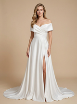 Off Shoulder A-Line Satin Ruched Maxi Long Bridal Gowns With Side Slit