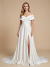 Off Shoulder A-Line Satin Ruched Maxi Long Bridal Gowns With Side Slit