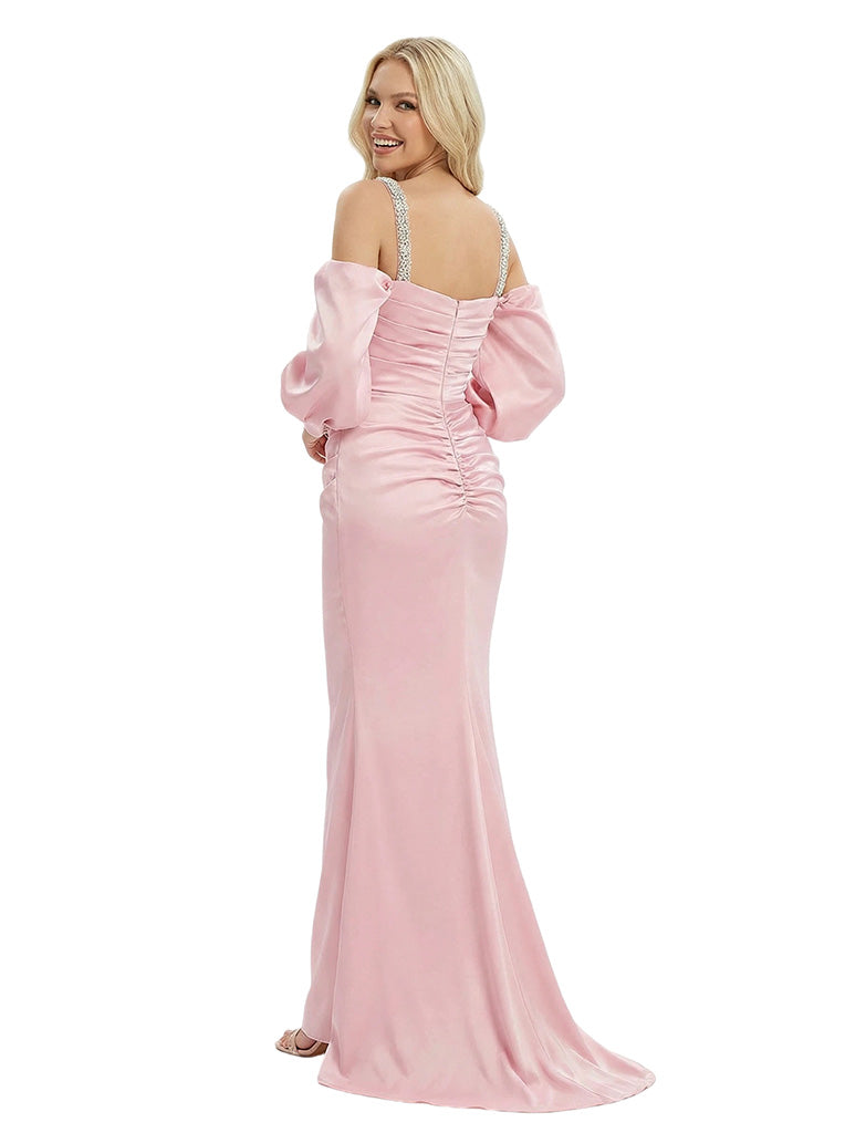 Modern Beaded Straps Long Sleeves Satin Mermaid Prom Dress Floor Length Evening Gown