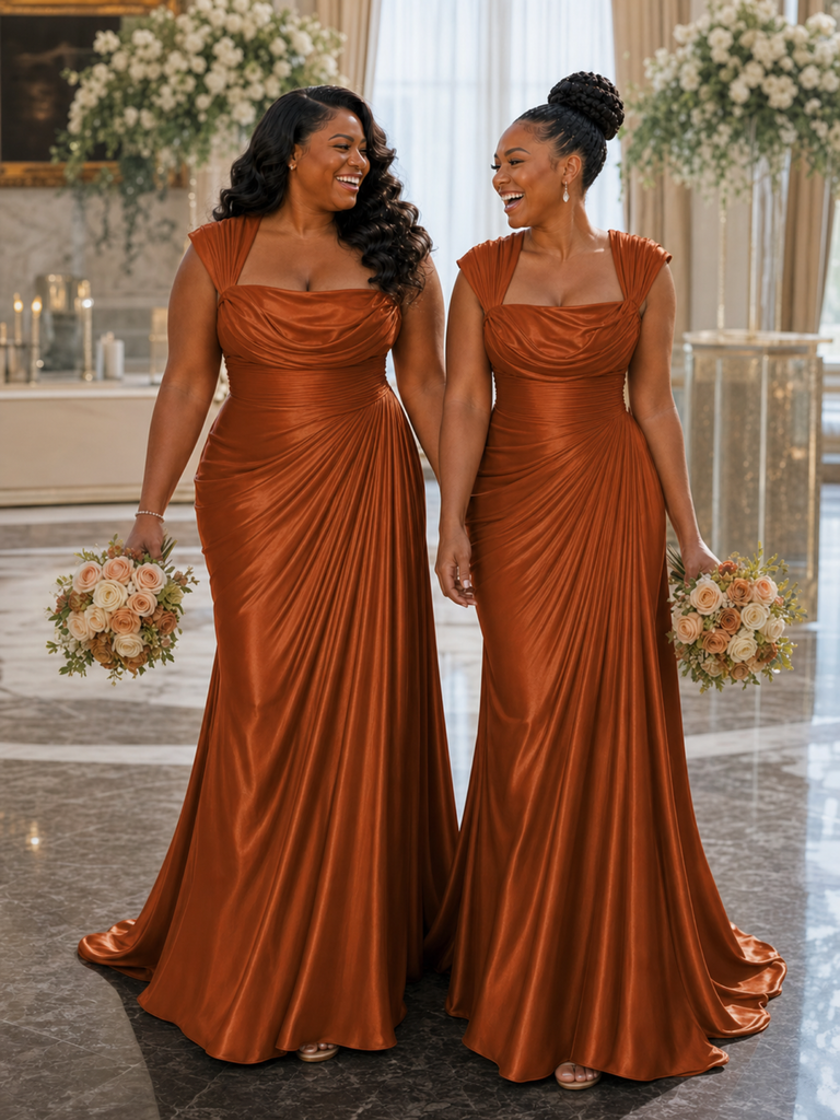 ChicSew Square Neck Ruching Soft Satin Floor-Length Mermaid Bridesmaid Dresses