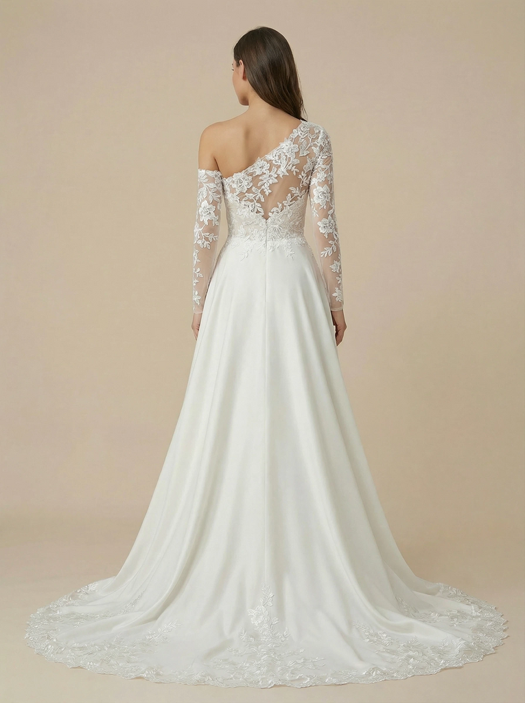 A-Line Long Sleeves Satin And Lace Maxi Long Bridal Gowns Online