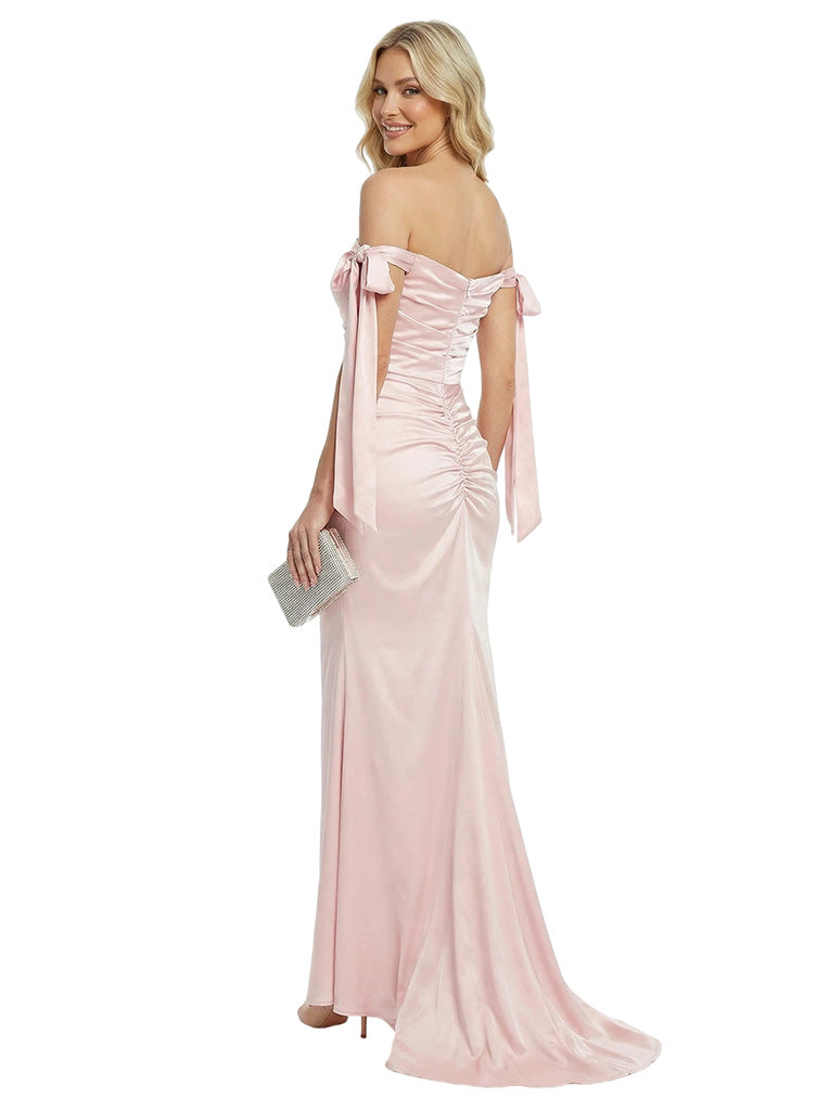 Modern Off Shoulder Sleeveless Satin Mermaid Prom Dress Floor Length Evening Gown