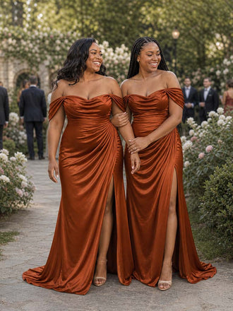 ChicSew Off Shoulder Side Slit Ruching Mermaid Soft Satin Long Bridesmaid Dresses
