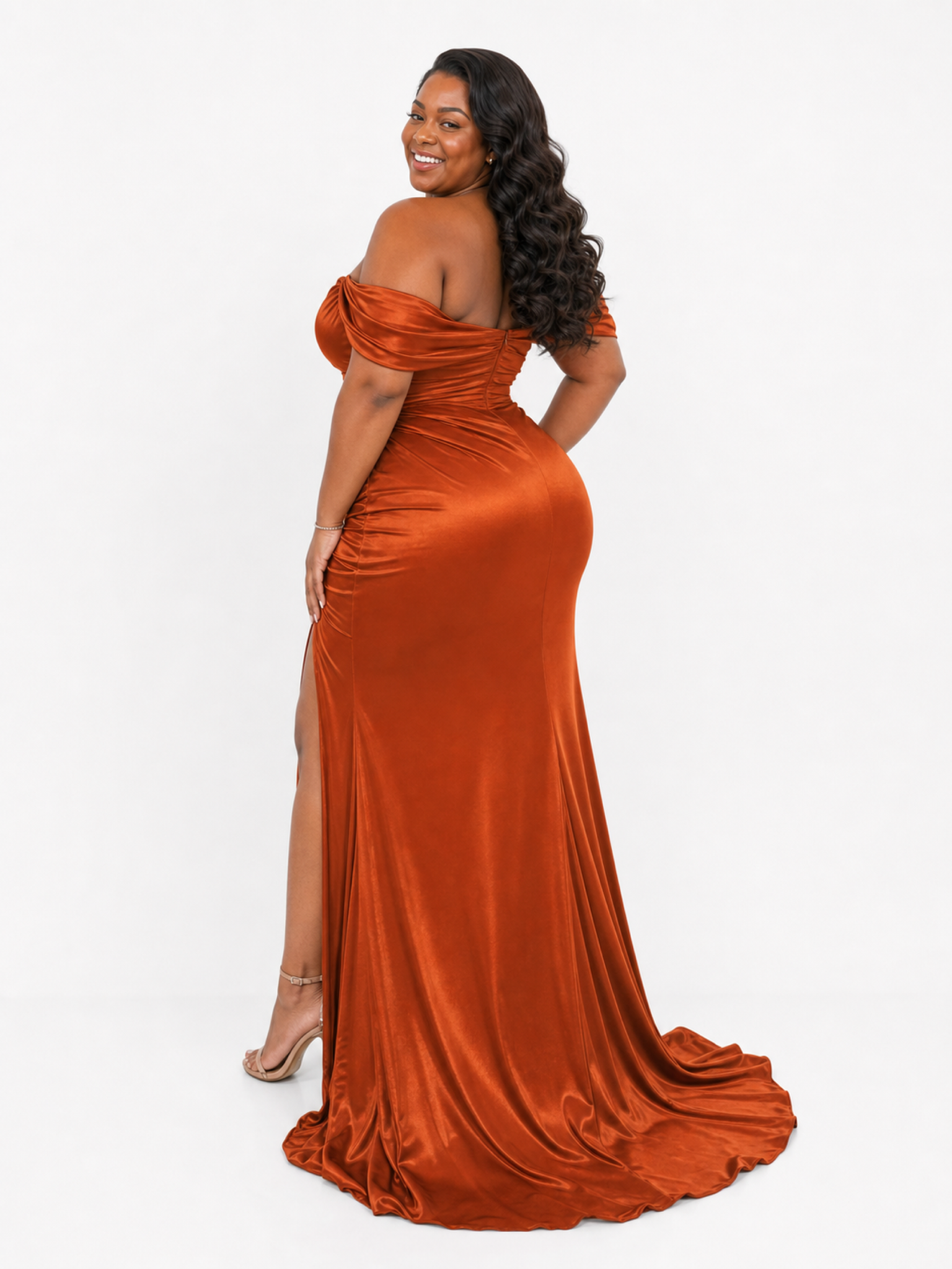 ChicSew Off Shoulder Side Slit Ruching Mermaid Soft Satin Long Bridesmaid Dresses