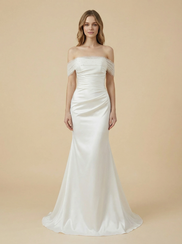 Mermaid Off Shoulder Satin Maxi Long Ruched Bridal Wedding Gowns Online