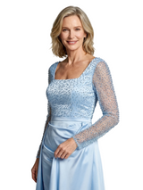 Mother of The Bride Dress Overskirt Square Long Sleeve Beaded Floor-Length Satin Prom Gown
