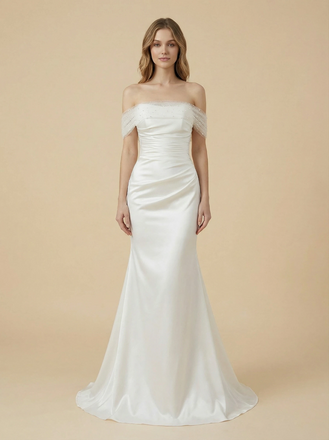Mermaid Off Shoulder Satin Maxi Long Ruched Bridal Wedding Gowns Online