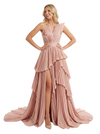 Unique One Shoulder Prom Gown Pleated Bodice Modern Formal Evening Dress With Train