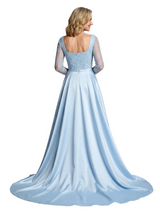 Mother of The Bride Dress Overskirt Square Long Sleeve Beaded Floor-Length Satin Prom Gown