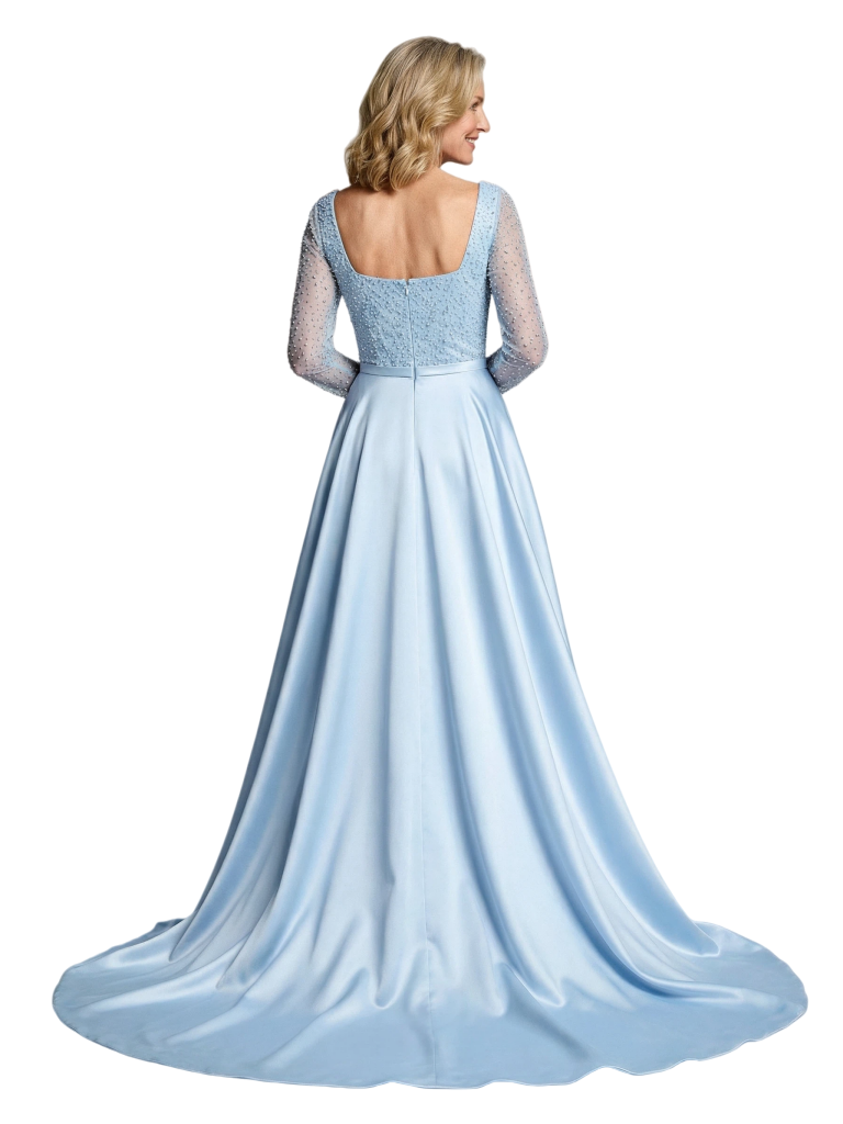 Mother of The Bride Dress Overskirt Square Long Sleeve Beaded Floor-Length Satin Prom Gown