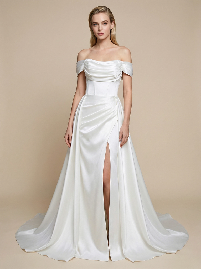 Off Shoulder Satin Side Slit Maxi Long Boning A-Line Bridal Wedding Gowns Online
