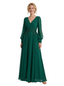 Modest Chiffon V-Neck Long Sleeves A-Line Prom Gown Beaded Waist Maxi
