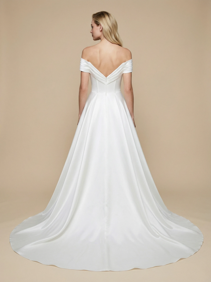 Off Shoulder Satin Side Slit Maxi Long Boning A-Line Bridal Wedding Gowns Online