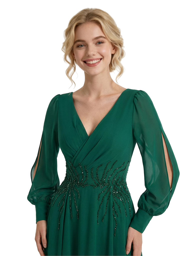 Modest Chiffon V-Neck Long Sleeves A-Line Prom Gown Beaded Waist Maxi