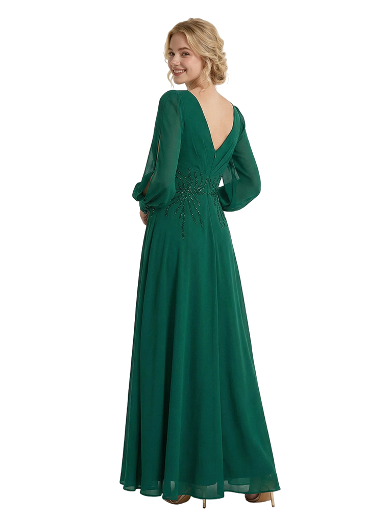 Modest Chiffon V-Neck Long Sleeves A-Line Prom Gown Beaded Waist Maxi