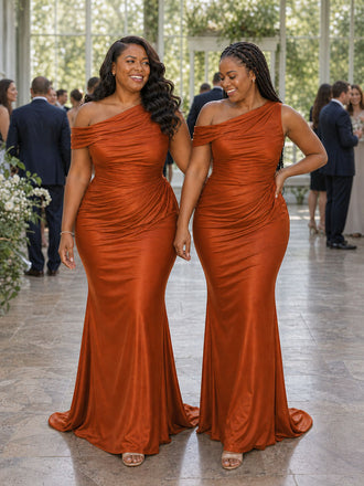 ChicSew Modern Asymmetric Ruching Mermaid Soft Satin Long Bridesmaid Dresses