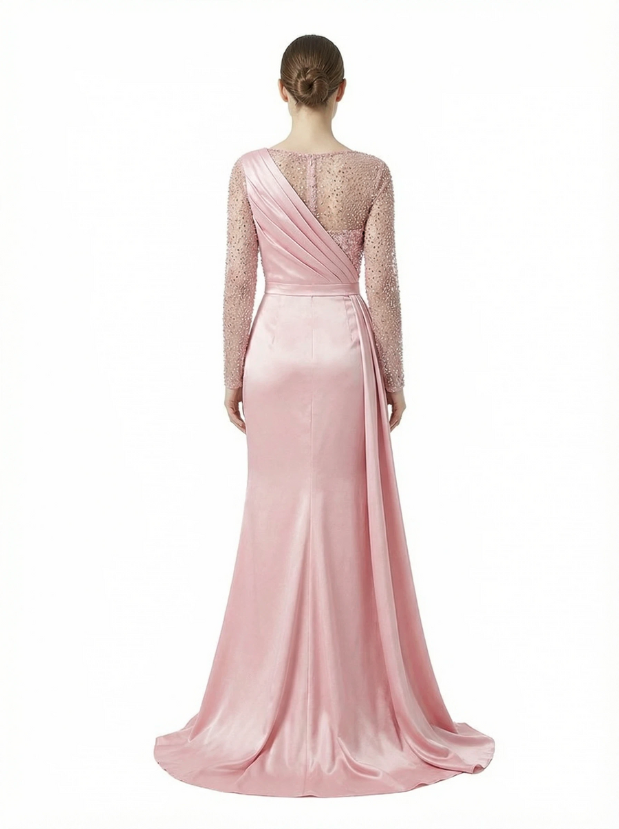Unique Scoop Mermaid Sparkly Sequined Long Sleeves Satin Prom Dress With Waist Drape