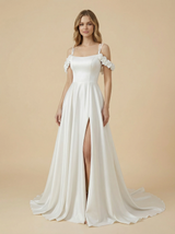 Cold Shoulder Satin Side Slit Maxi Long A-Line Bridal Wedding Gowns Online