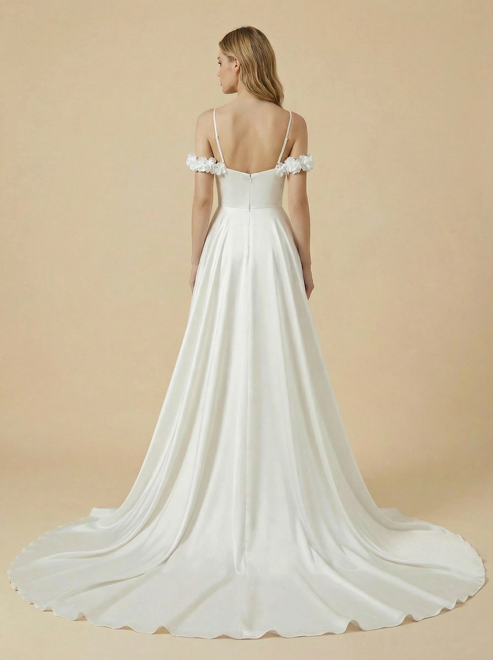 Cold Shoulder Satin Side Slit Maxi Long A-Line Bridal Wedding Gowns Online