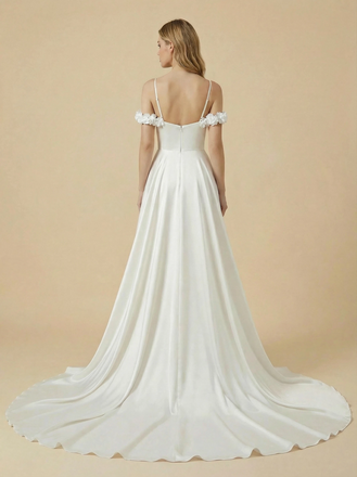 Cold Shoulder Satin Side Slit Maxi Long A-Line Bridal Wedding Gowns Online