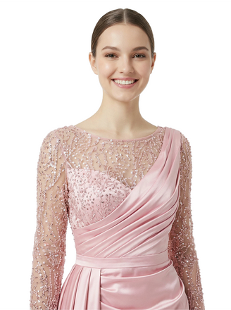 Unique Scoop Mermaid Sparkly Sequined Long Sleeves Satin Prom Dress With Waist Drape