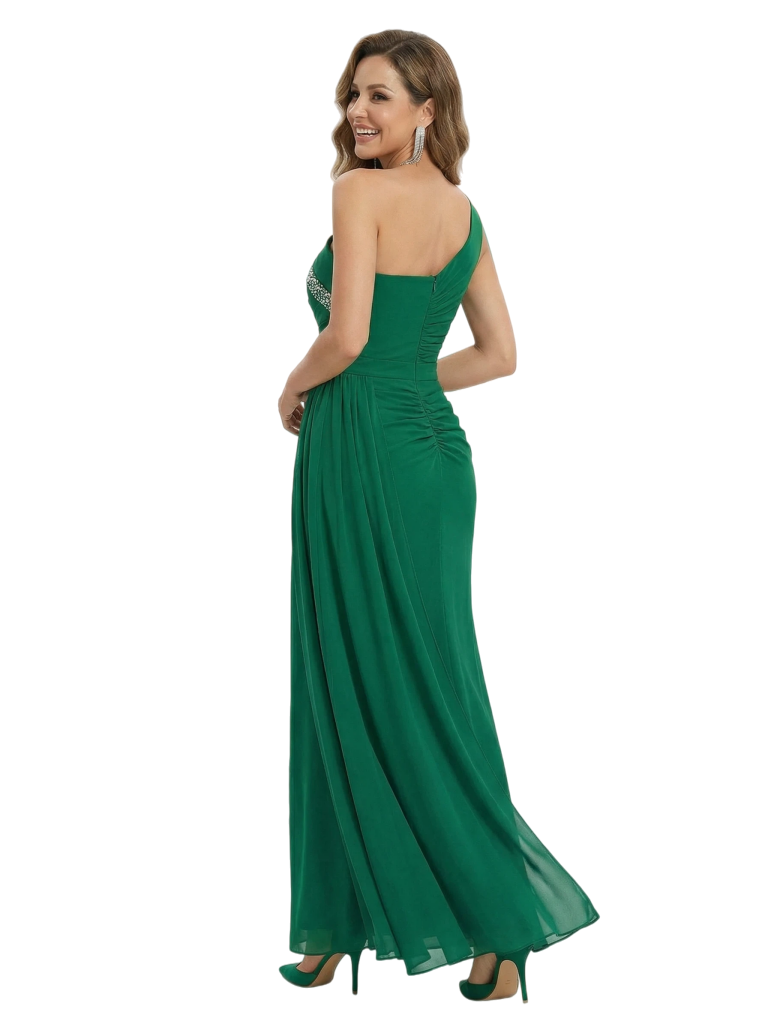 Classy One Shoulder Beaded Ruched Chiffon Maxi Mother Of The Bride Dress