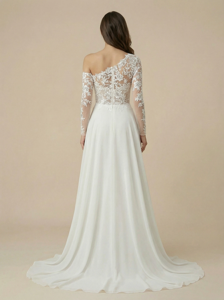 A-Line Long Sleeves Lace And Chiffon Maxi Long Bridal Gowns Online