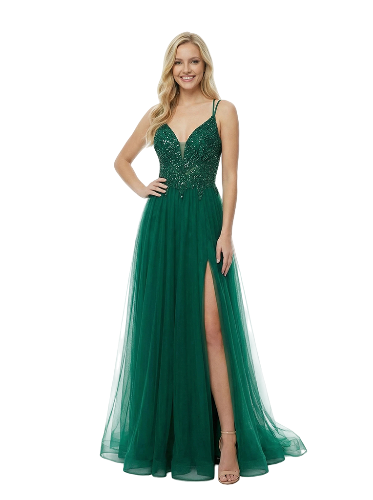 Sparkly Sequin Spaghetti Straps Tulle Prom Dress With Side Slit Glamorous A-Line Gown