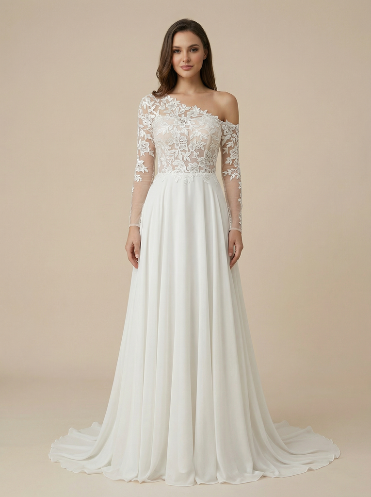 A-Line Long Sleeves Lace And Chiffon Maxi Long Bridal Gowns Online