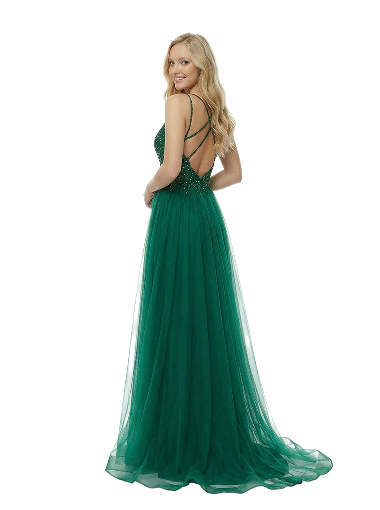 Sparkly Sequin Spaghetti Straps Tulle Prom Dress With Side Slit Glamorous A-Line Gown