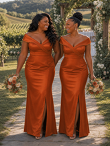 ChicSew Off Shoulder V-Neck Beading Mermaid Soft Satin Long Bridesmaid Dresses