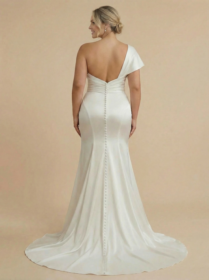 One Shoulder Satin Mermaid Ruched Maxi Long Bridal Gowns Online