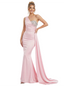 Modern Satin One Shoulder Beaded Mermaid Prom Gown With Waist Drape