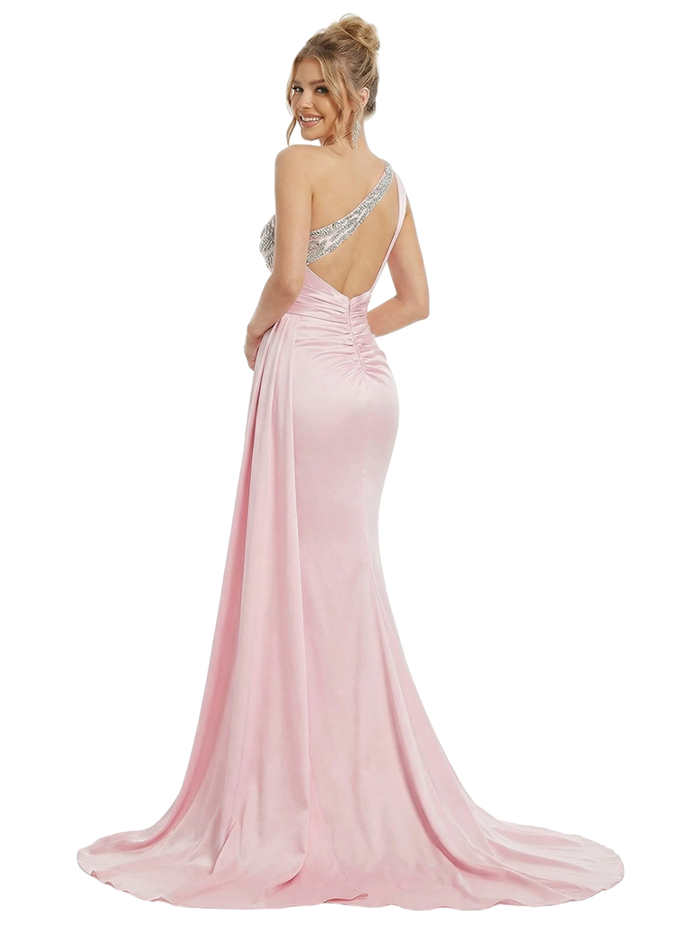 Modern Satin One Shoulder Beaded Mermaid Prom Gown With Waist Drape