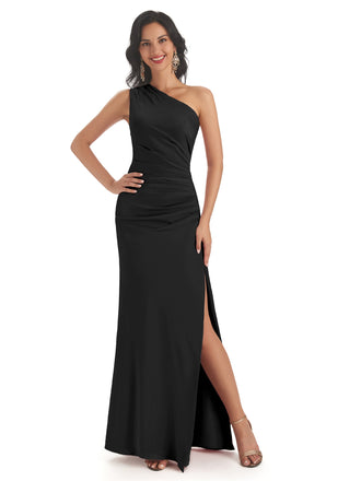 Side Slit Black Mermaid Satin Maxi Bridesmaid Dresses