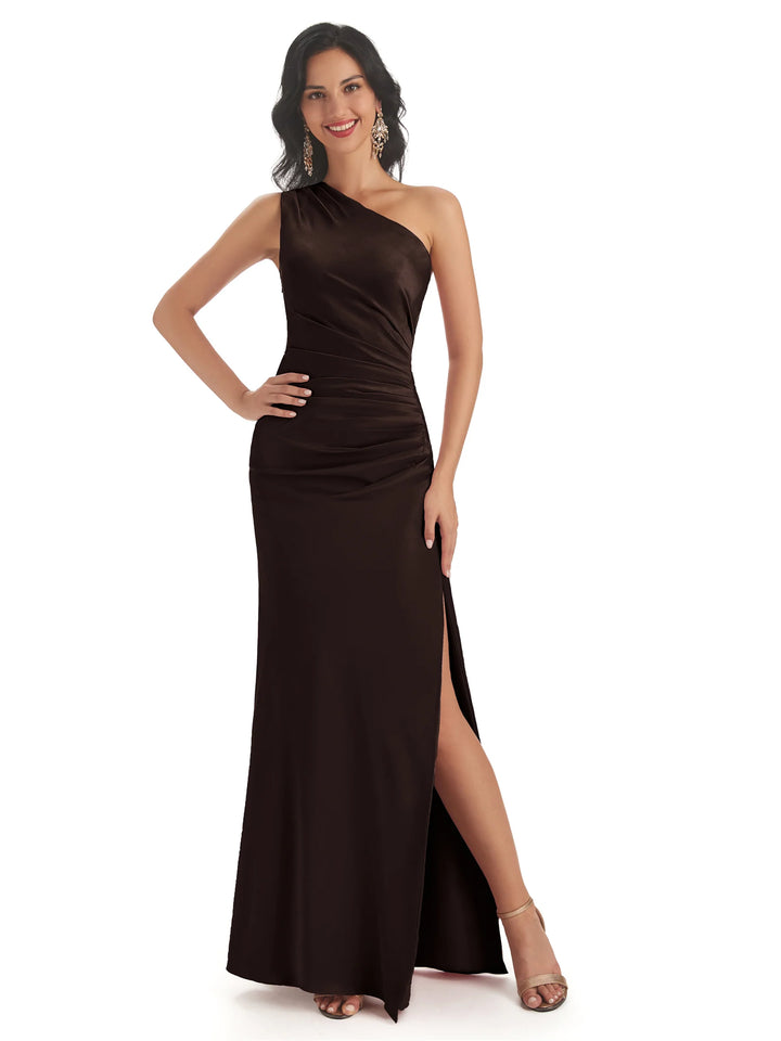 Sexy Side Slit One Shoulder Soft Satin Mermaid Floor Length Bridesmaid Dresses Gown In Stock