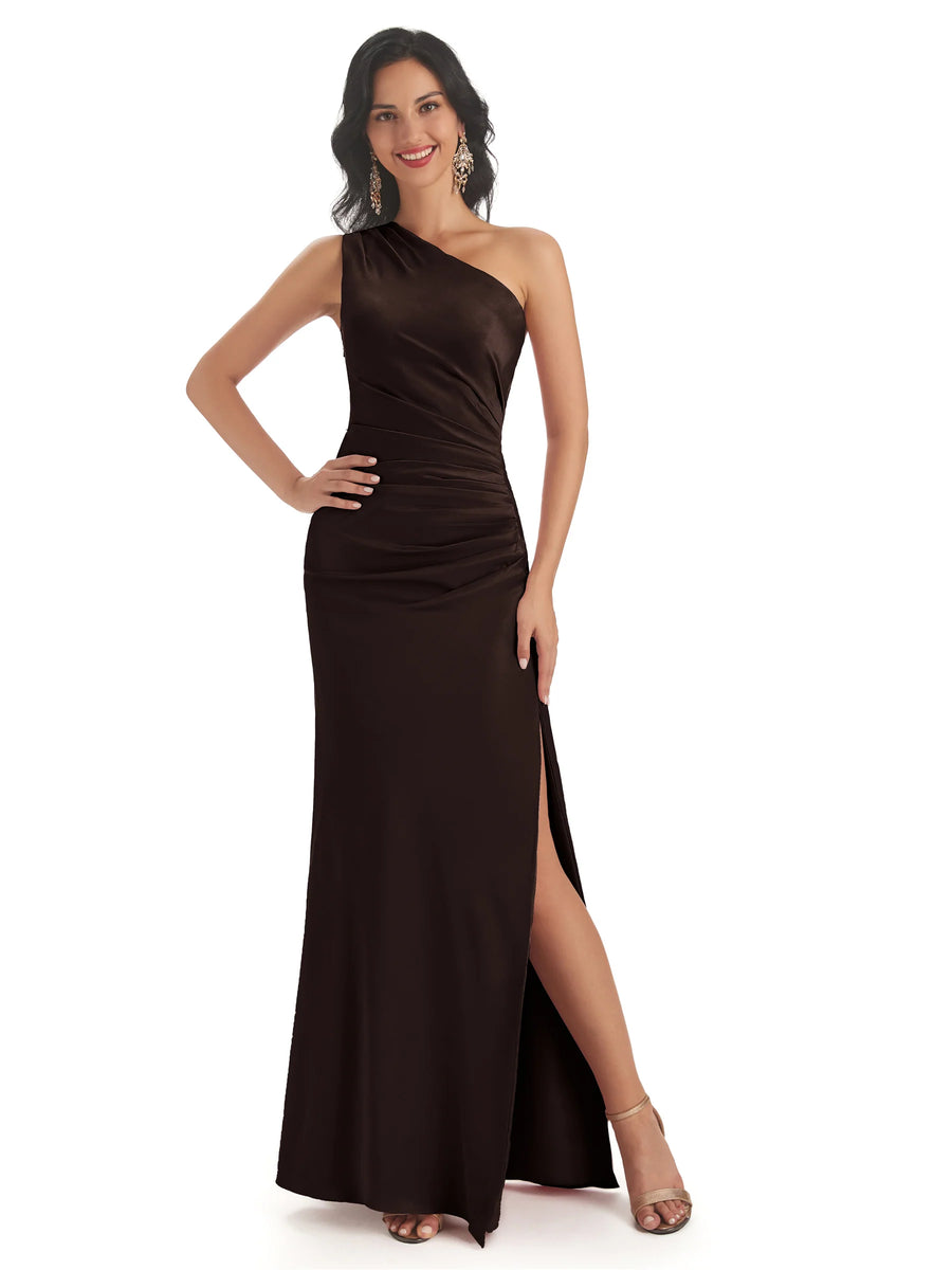 Sexy Side Slit One Shoulder Soft Satin Mermaid Floor Length Bridesmaid Dresses Gown In Stock