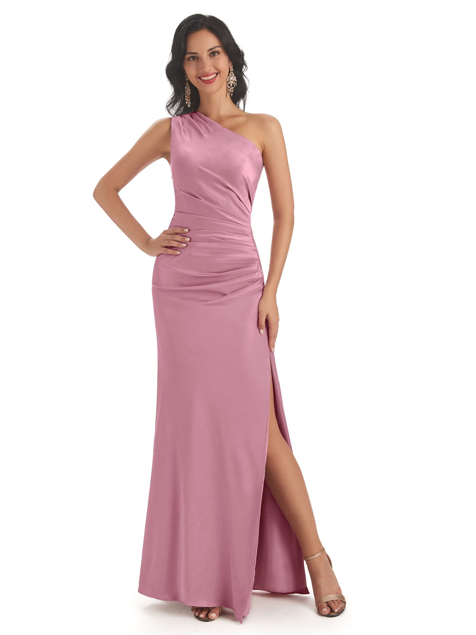 Dusty Rose Satin One Shoulder Mermaid Boho Maxi Bridesmaid Dresses