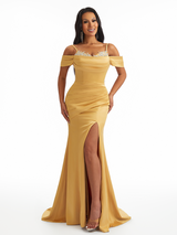 Sexy Cold Shoulder Side Slit Mermaid Lace Satin Unique Long Bridesmaid Dresses