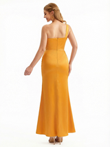 Elegant Mermaid One Shoulder Ruched Silky Satin Long Formal Dresses Side Slit