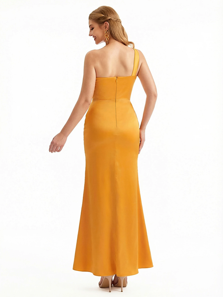 Elegant Mermaid One Shoulder Ruched Silky Satin Long Formal Dresses Side Slit