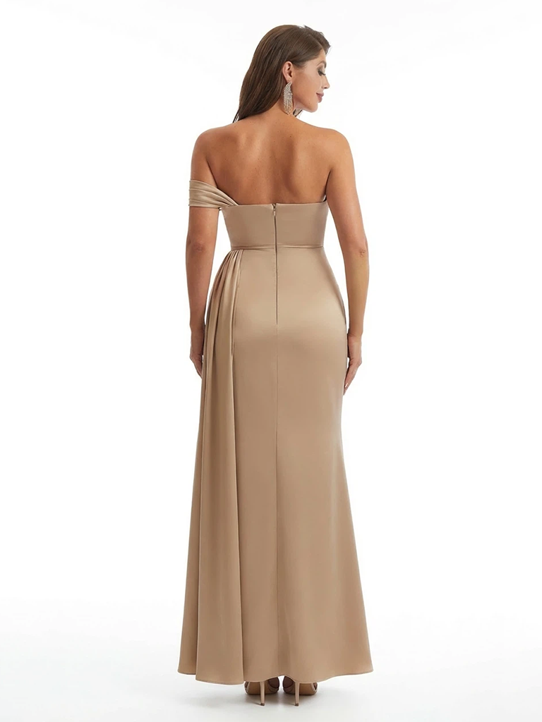 Sexy Mermaid One Shoulder Ruched Satin Long Formal Wedding Guest Dresses Side Slit