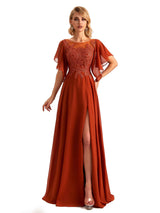 Elegant Side Slit Chiffon Short Sleeves Lace Long Mother of the Brides Dresses