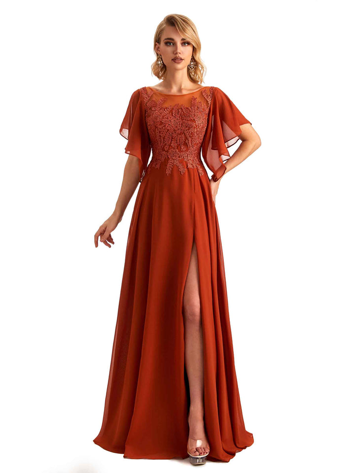 Elegant Side Slit Chiffon Short Sleeves Lace Long Mother of the Brides Dresses