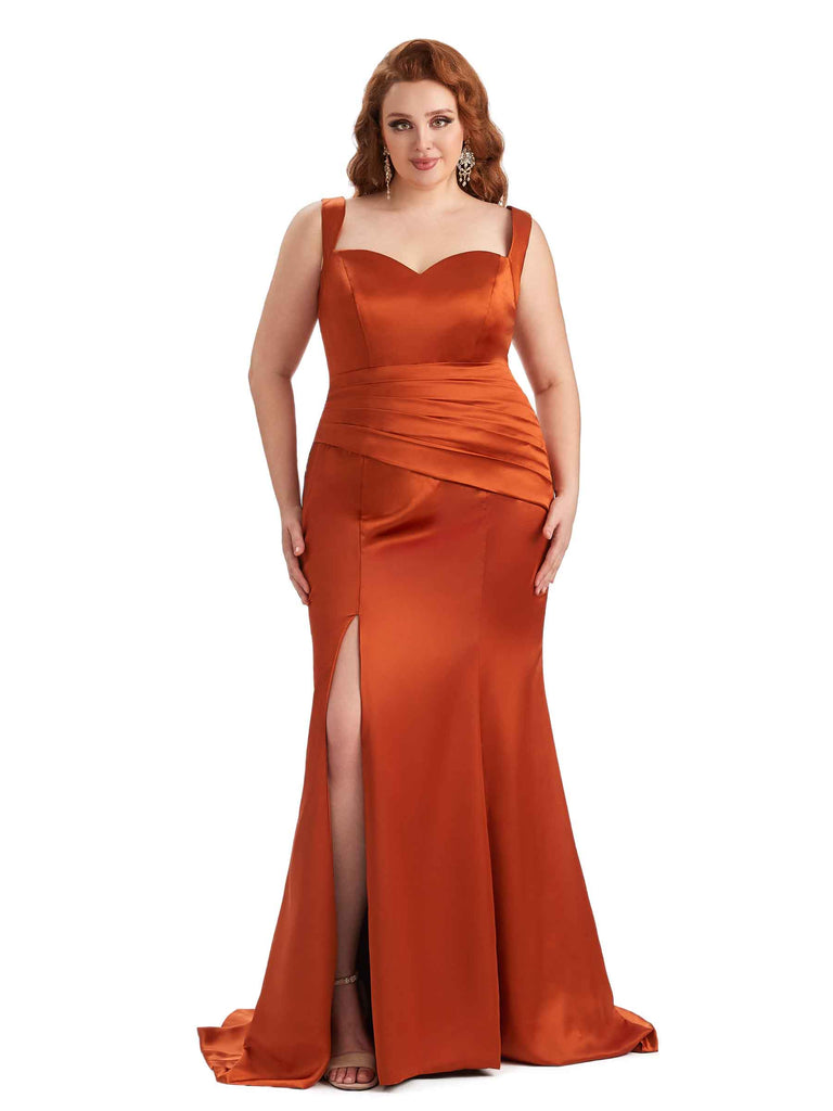 Sexy Side Slit Mermaid Straps Soft Satin Long Plus Size Maid of Honor Dresses