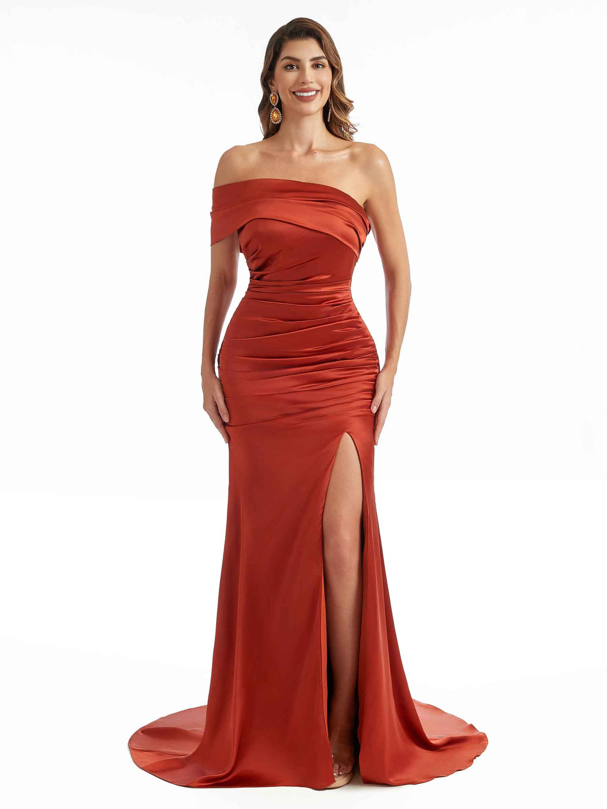 One Shoulder Sexy Stretchy Satin Side Slit Long Mermaid Bridesmaid Dresses Online
