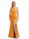 Elegant Mermaid One Shoulder Ruched Silky Satin Long Formal Dresses Side Slit