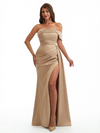 Sexy Mermaid One Shoulder Ruched Satin Long Formal Wedding Guest Dresses Side Slit