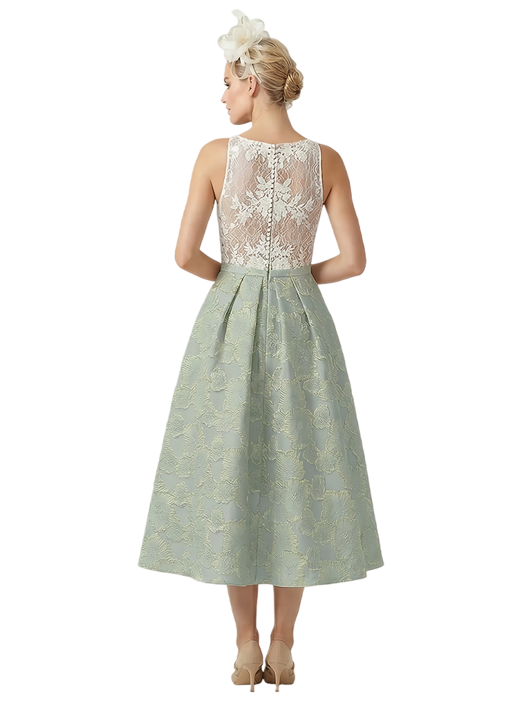 ChicSew Elegant Floral Jacquard Sleeveless A-Line Lace Midi Formal Evening Dresses